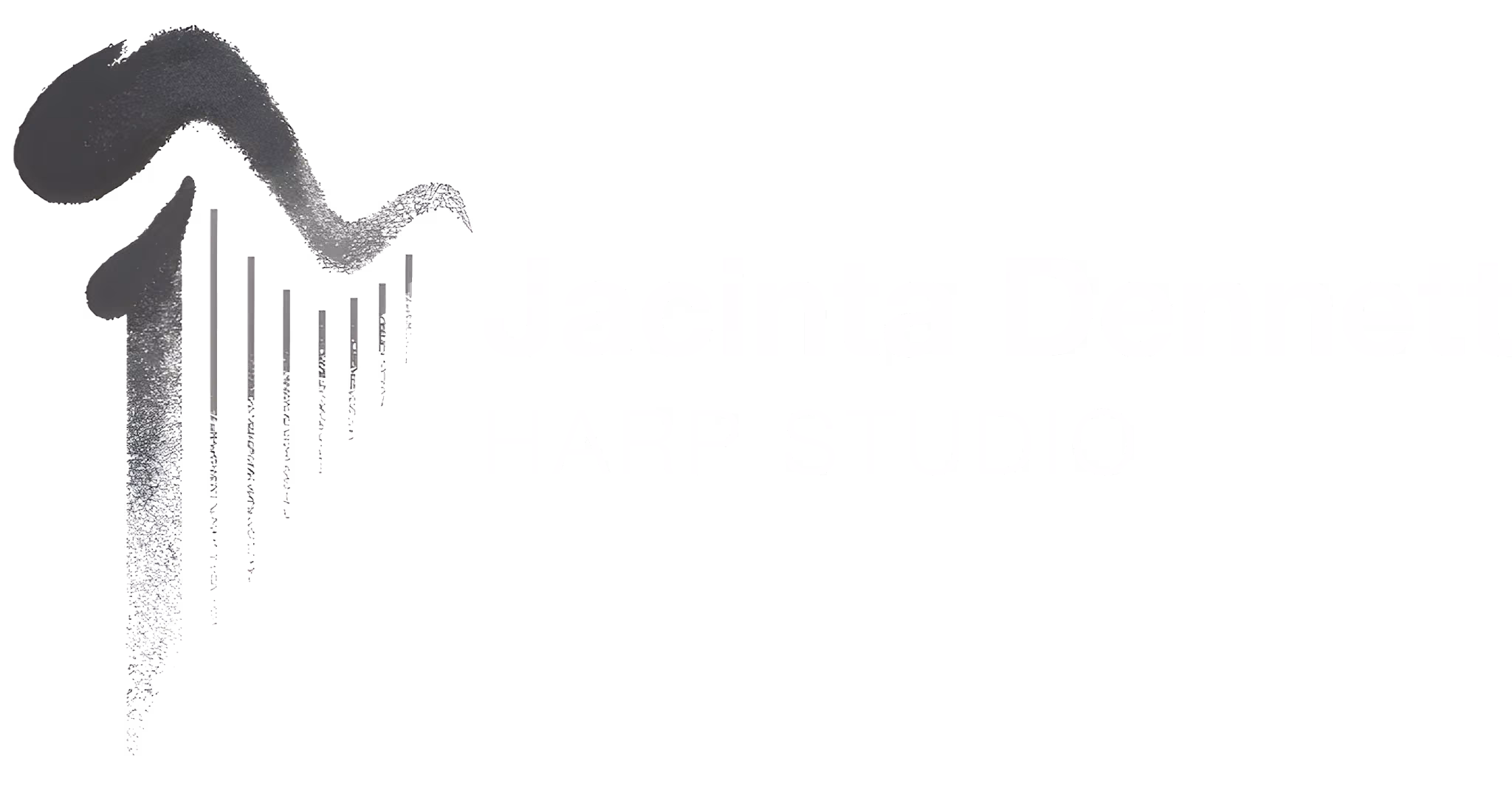 Jacinta Dennett Harp Studio logo variant featuring a white brushstroke and white text on a transparent background