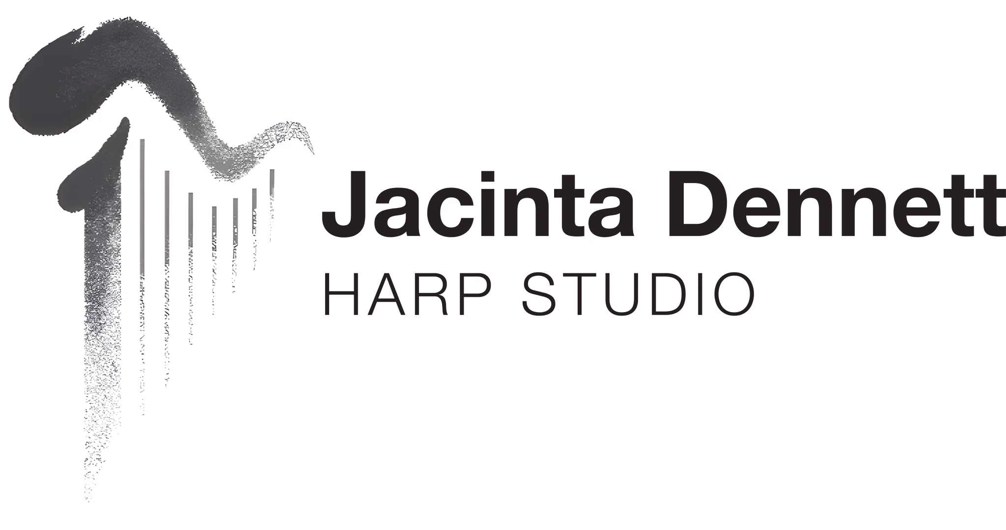 Full logo for Jacinta Dennett Harp Studio featuring a black brushstroke and black text 'Jacinta Dennett Harp Studio' on a transparent background